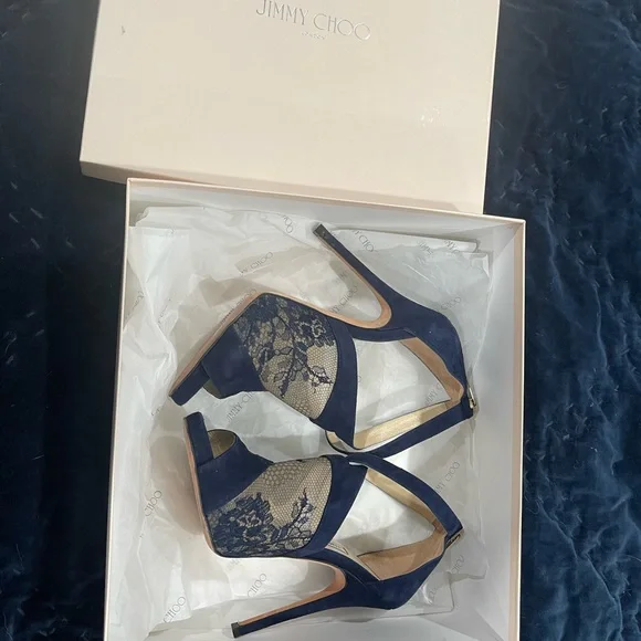 Jimmy Choo Vantage Suede Lace Navy Heels size 6 - Picture 5 of 10